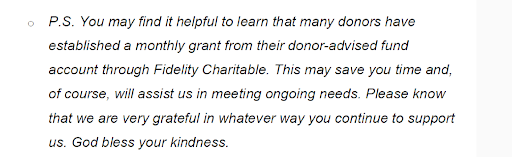An example from Jack Doyle of Amergent on sharing that donors can give monthly through DAFs.