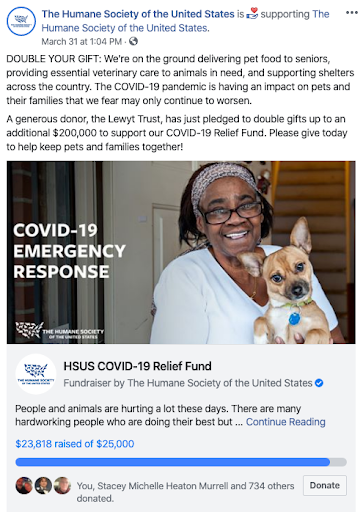 Screenshot of The Humane Society of the United States' Facebook Fundraiser amid COVID-19.