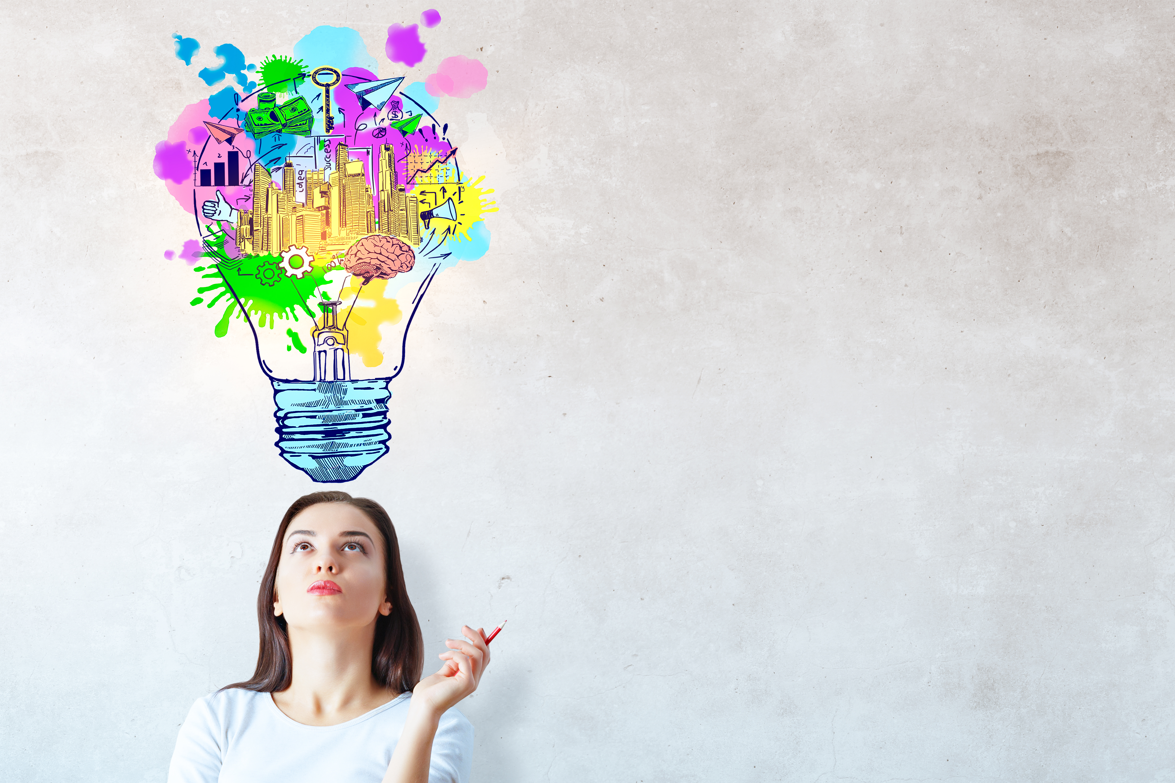 Portrait of young woman on concrete wall background with creative lightbulb over her head.