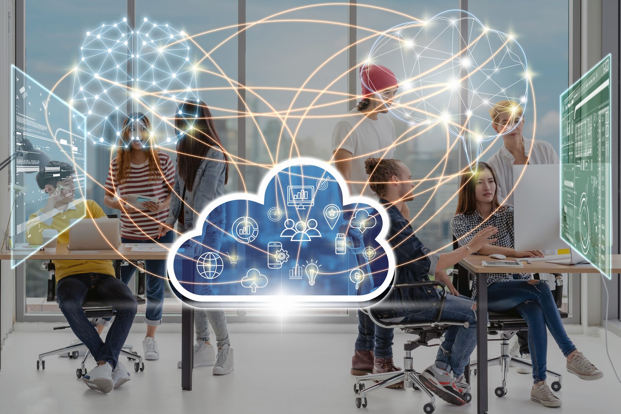 Group of business people brainstorming and working with brain and virtual screen connecting with cloud technology in the modern workplace, business group and technology concept.
