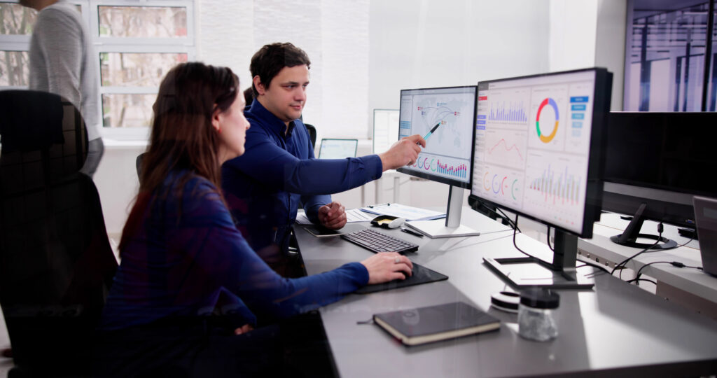 KPI Business Analytics Data Dashboard. Analyst Using Computer