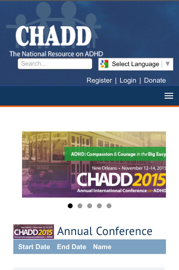 CHADD's responsive site on a mobile device